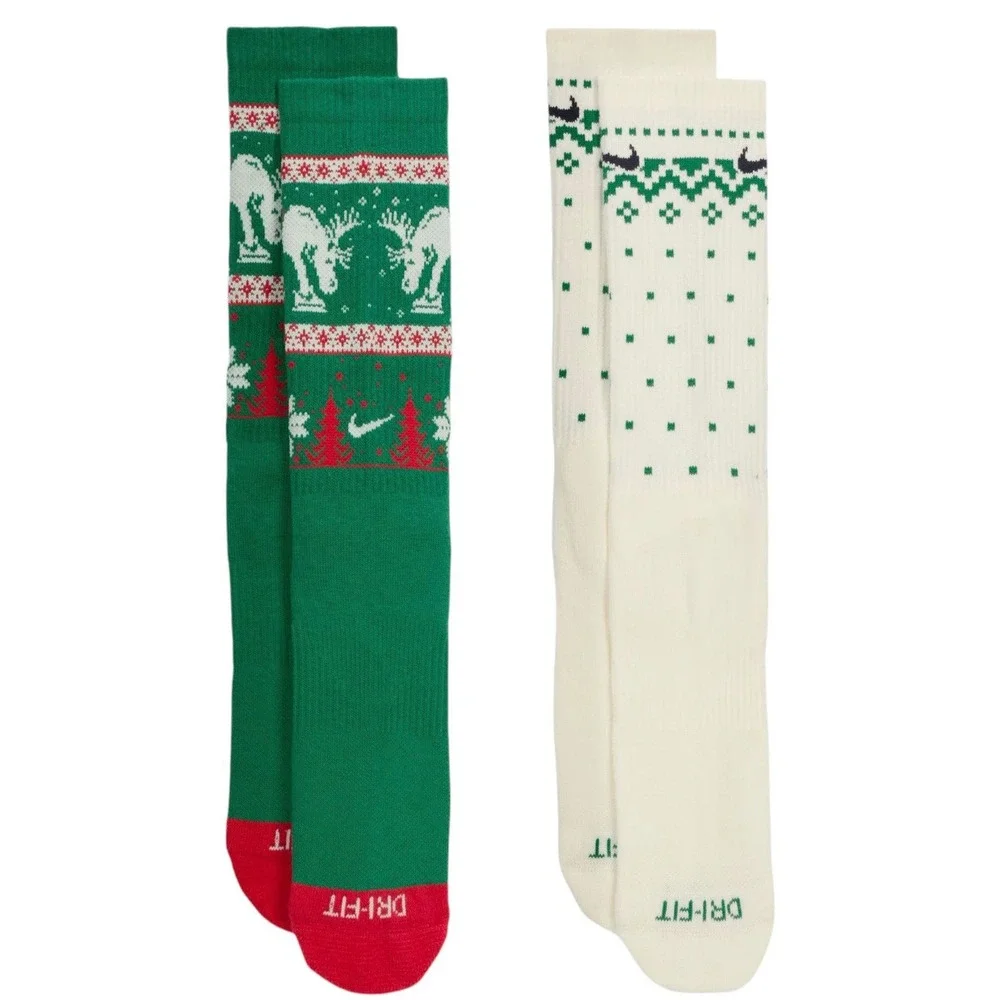 Nike‎ Everyday Cushioned Crew Socks 4 Pair Holiday Moose Fair Isle green blue